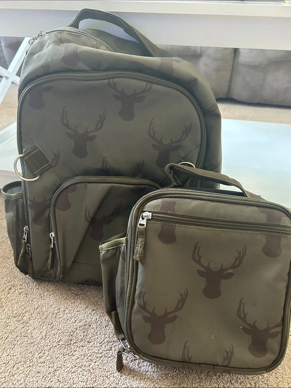 Sweet Honey Olive Green Deer-Print Kid’s Backpack & Lunch Bag Set
